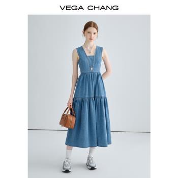 VEGA CHANG牛仔吊帶連衣裙女2023年夏季新款法式復古顯瘦氣質長裙