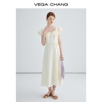 VEGA CHANG白色吊帶連衣裙女2023夏季新款荷葉邊法式茶歇長裙子