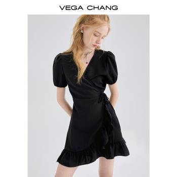 VEGA CHANG荷葉邊赫本裙子女夏裝新款韓版設計感顯瘦氣質連衣裙
