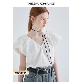 VEGA CHANG短袖襯衫女2023夏季新款法式小眾顯瘦泡泡袖上衣高級感