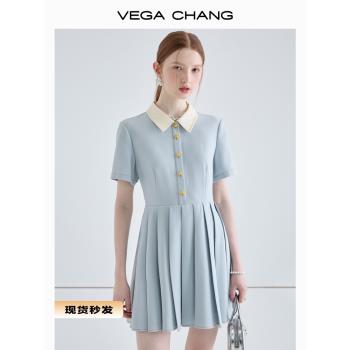 VEGA CHANG學院風連衣裙女2023夏季新款小個子顯瘦氣質法式百褶裙