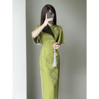 復古民國風綠色提花倒大袖旗袍2023年新款優雅氣質高級感連衣裙