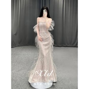 《沐》宴會禮服訂婚魚尾連衣裙結婚氣質敬酒服新娘高階一字肩抹胸