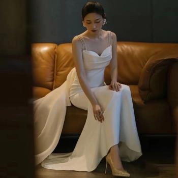 法式珍珠吊帶婚紗簡約森系結婚迎賓紗拖尾高個子露背旅拍訂婚禮服