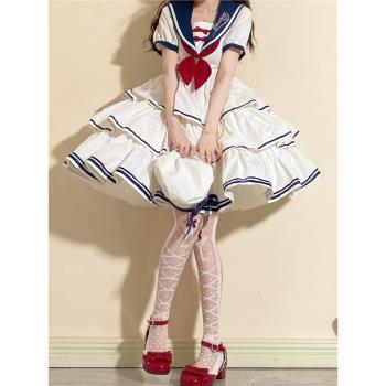 海軍風三段式lolita白色連衣裙op學院風可愛日常夏季