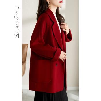 2023秋冬款紅色雙面絨羊毛大衣女中長氣質高端減齡小個子毛呢外套