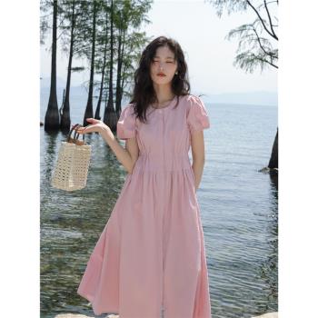 「又巷」 粉色連衣裙女2023夏季新款法式設計感氣質顯瘦短袖a字裙