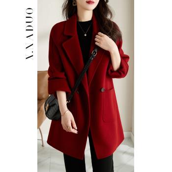2023秋冬新款雙面絨大衣女西裝領紅色高端呢子外套中長設計感羊毛
