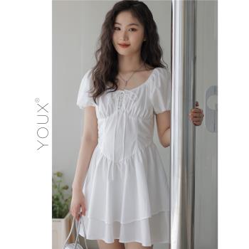 「又巷」白色連衣裙女2023夏季新款法式溫柔風設計感方領a字短裙