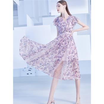AUI法式氣質v領蕾絲雪紡碎花連衣裙女夏2023新款紫色高端荷葉邊裙