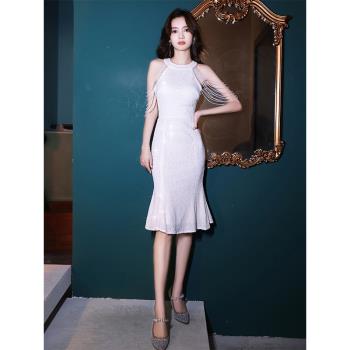 白色小晚禮服女2024新款小個子高級感輕奢小眾高端氣質名媛魚尾裙