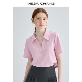 VEGA CHANG短袖T恤女2023夏新款設計感小眾復古Polo領短款上衣