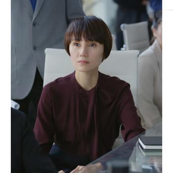 TH2023春季新款玫瑰之戰明星袁泉同款深酒紅蝴蝶結長袖襯衫上衣女