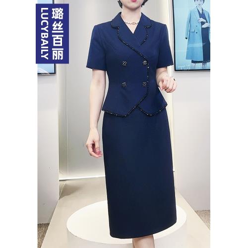 璐絲百麗西裝領連衣裙女夏短袖氣質洋氣法式小香風中長款職業裙子
