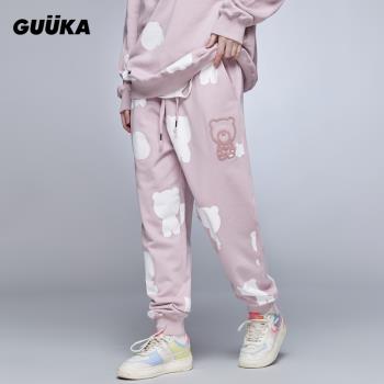 潮牌GUUKA粉色春季嘻哈印花衛褲