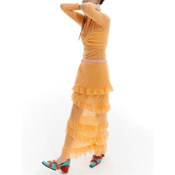 掉髦原創設計｜多層設計感橘色超長款針織可內搭可外穿花邊裙