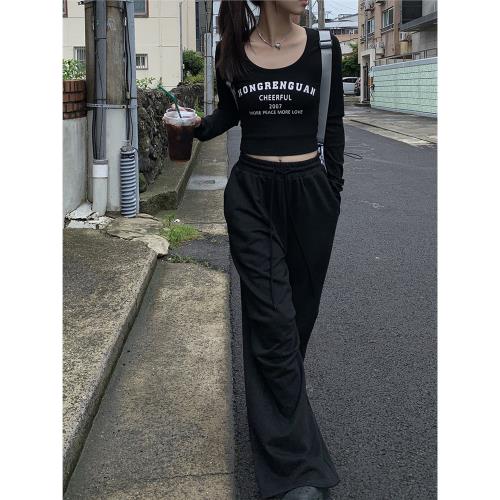 紅人館長袖打底衫女2025新款秋季黑色正肩t恤修身顯瘦短款上衣女