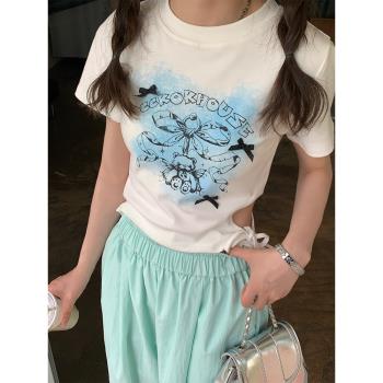 【現貨】CCKOK夏季小熊側綁帶辣妹緊身修身印花甜美學生T恤短袖女