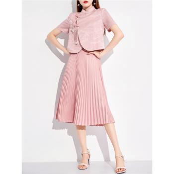 AUI粉色新中式短外套百褶裙套裝女2023夏新款名媛氣質減齡兩件套