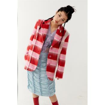 掉髦原創設計丨條紋拼接寬松毛呢粉色系紅色系羊毛西裝中長款大衣