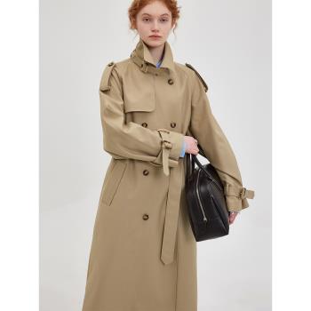 范洛2023秋季新款復古經典翻領雙排扣風衣女系帶設計休閑廓形外套