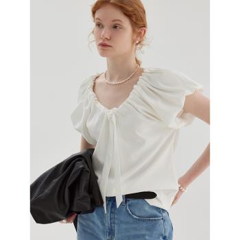 范洛2023夏季新款法式V領燈籠袖T恤女蝴蝶結系帶設計感短袖小衫女