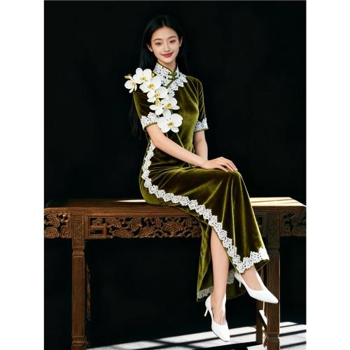 隔煙水丨春秋金絲絨溫柔回門蜜月年輕蕾絲復古改良旗袍國風連衣裙