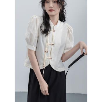 覓定新中式盤扣上衣女裝夏季黑色國風復古設計感小眾白色短袖襯衫