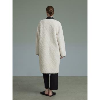 【反季8折】米白色毛呢外套女寬松高級感羊羔毛設計感牛角扣大衣