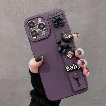 暗紫色咖啡熊適用iphone14promax手機殼蘋果13新款腕帶12pro簡約11高檔奢華xr鏡頭全包xs防摔x時尚小眾風女潮