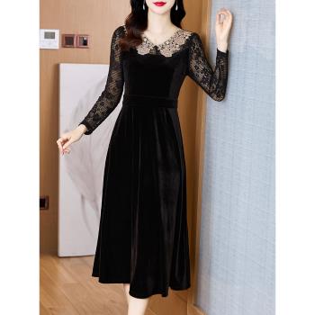 黑色絲絨連衣裙秋季新款高端法式赫本風蕾絲袖拼接顯瘦氣質大擺裙