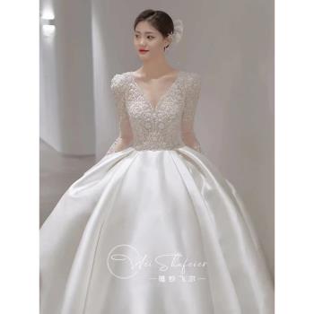 緞面婚紗新娘2024新款主紗長袖夏季重工高級質感小個子結婚高階女