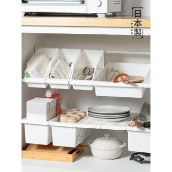 日本進口可伸縮桿置物架免打孔廚房水槽下收納筐衣柜櫥柜分層隔板