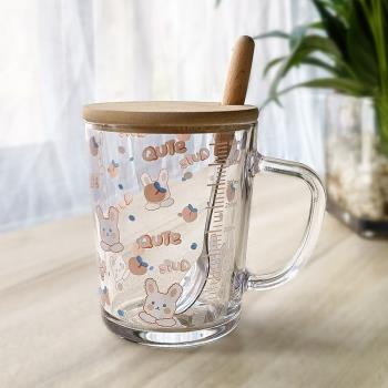 ins玻璃杯卡通印花吸管杯加蓋勺刻度可愛牛奶杯早餐杯禮物印logo