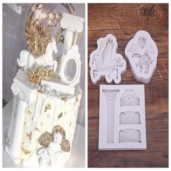 歐式天使寶寶復古羅馬柱飛馬硅膠翻糖模具 烘焙蛋糕裝飾 粘土模
