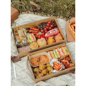 野餐盒子一次性餐盒戶外露營春游輕食便當壽司網紅牛皮紙打包盒