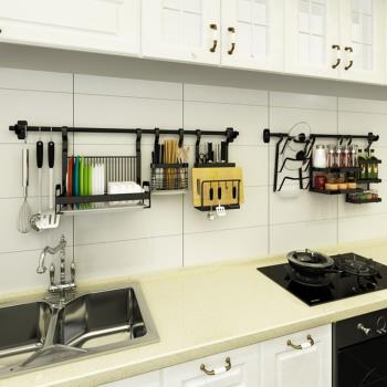 多功能廚房掛架置物架壁掛式黑色不銹鋼瀝水碗架調味料架收納掛件