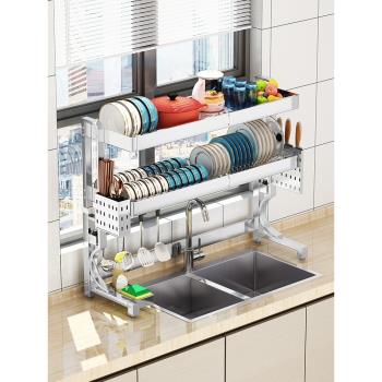 伸縮304不銹鋼廚房水槽上方碗碟瀝水置物架多功能晾碗筷刀收納架