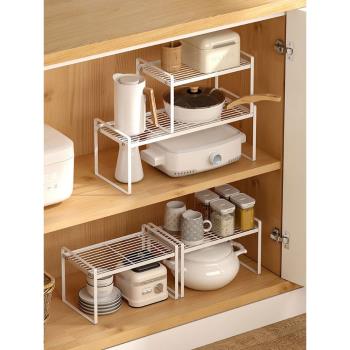 白色廚房櫥柜內分層置物架下水槽隔層放鍋具收納鍋架子可伸縮家用