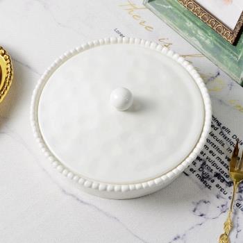 歐式工藝白色陶瓷帶蓋湯煲 餐飲餐廚餐盤 釉下彩純色瓷器煲 瑕疵