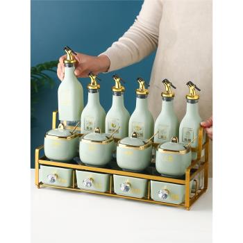 北歐陶瓷調料盒家用組合套裝輕奢果綠色調味罐廚房鹽罐玻璃醬油瓶