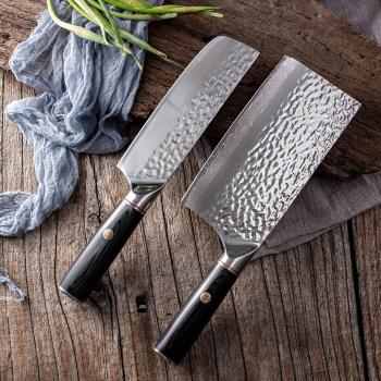 大馬士革鋼鍛打菜刀中式家用不銹鋼鋒利錘紋超薄片刀廚師專用刀具