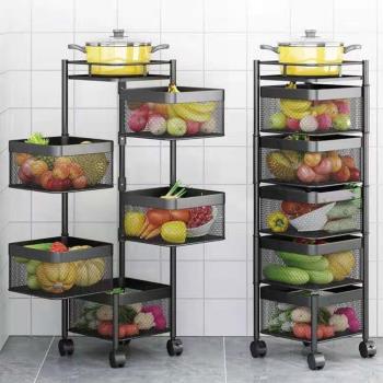 二層蔬菜旋轉置物架廚房專用落地菜籃子帶滑輪360度多功能調料盒