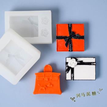 山茶花禮物盒蝴蝶結絲帶模具 翻糖巧克力蛋糕石膏烘焙硅膠模具