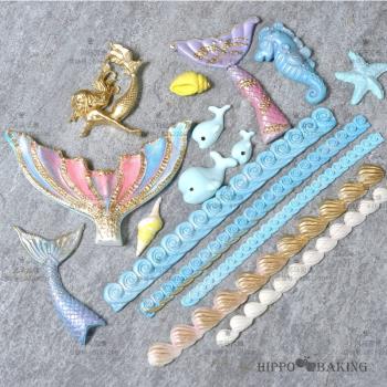 海洋系美人魚尾巴海浪海馬硅膠模具翻糖巧克力蛋糕甜品臺烘焙模具