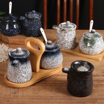 日式復古風陶瓷醬油壺調料罐醋壺商用餐廳家用廚房創意木架板套裝