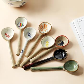 日式可愛小湯勺家用創意粗陶手繪陶瓷餐具調羹飯勺子甜品勺喝粥勺