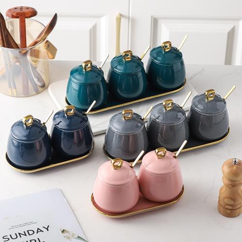 日式輕奢陶瓷調味罐組合套裝家用廚房裝鹽糖味精辣椒油調料瓶帶托