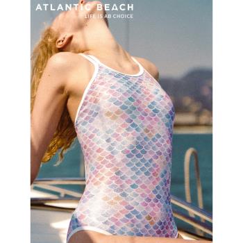 atlanticbeach美人魚泳衣女幻色魚鱗時尚性感顯瘦連體競速游泳裝