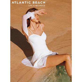 atlanticbeach度假泳衣女連體裙式時尚泳裝長袖防曬保守顯瘦遮肚